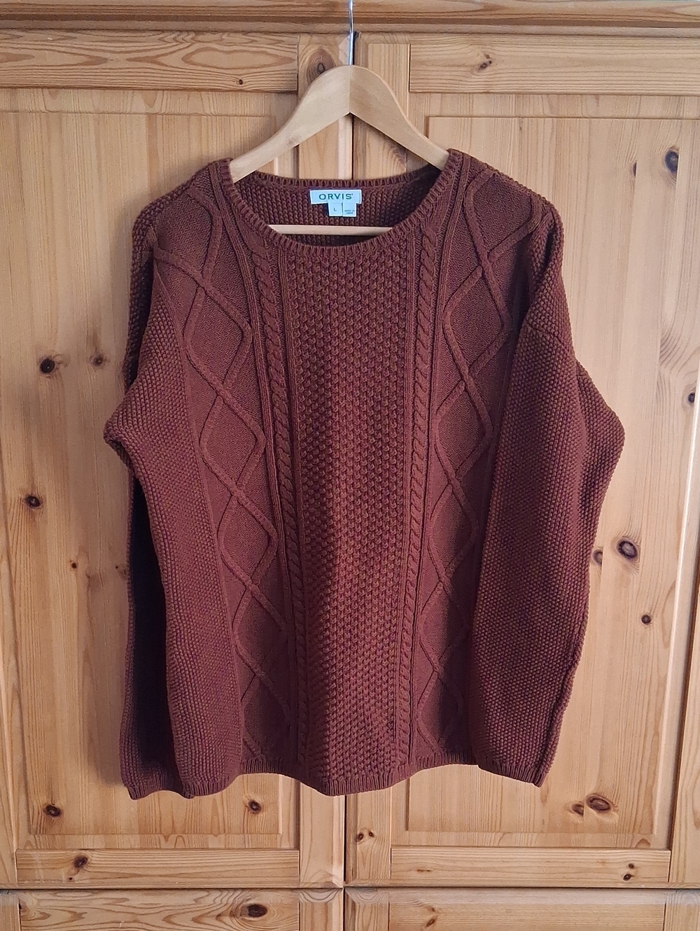 Orvis Rust Cable Knit Fisherman Style Utikity Crewneck Cotton Sweater Size L